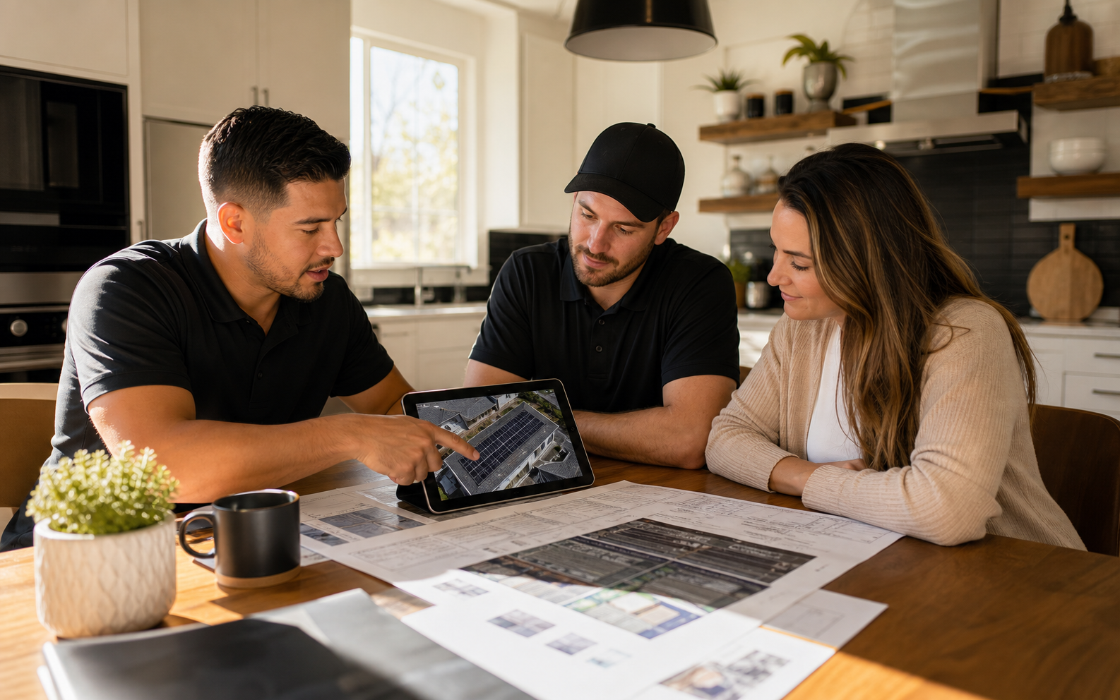 X-Tac solar professionals reviewing a roof plan with a homeowner at a kitchen table