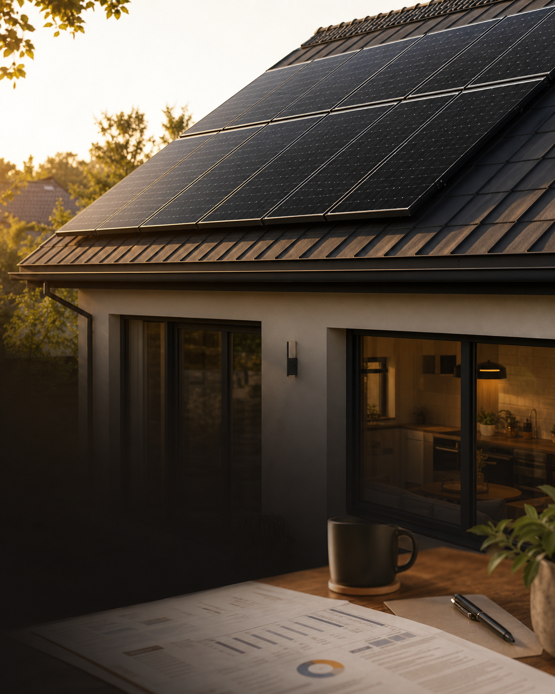 Solar panels on a modern home with utility bill planning context