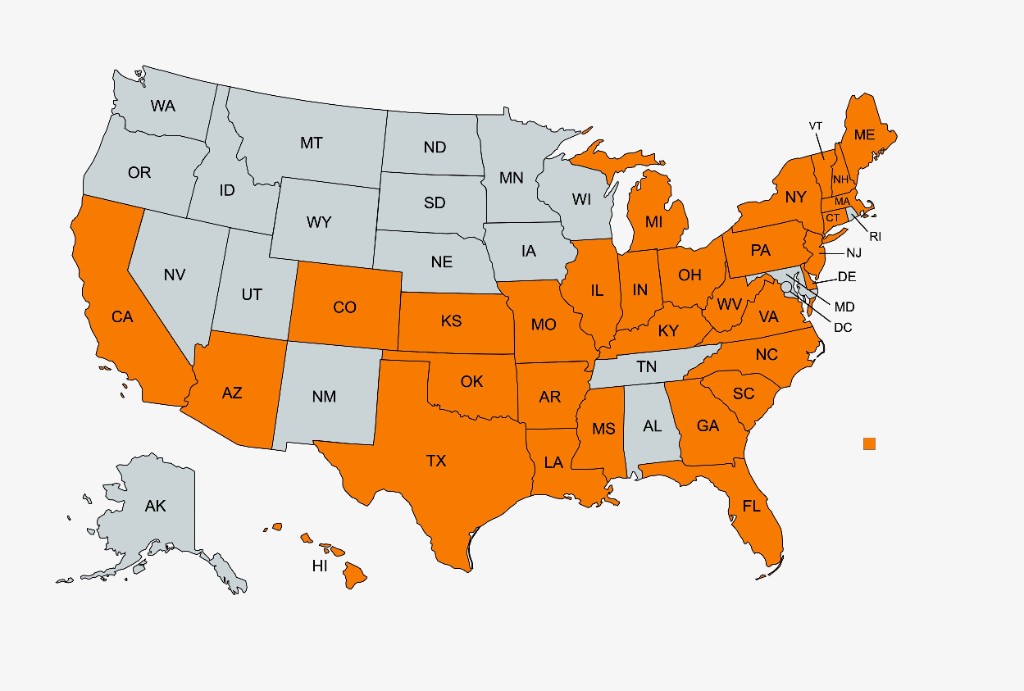 United States coverage map showing X-Tac Solar active installation markets in orange